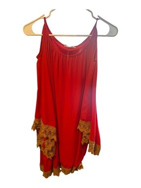 Red Sleeveless Mini Dress with Gold Lace Trim